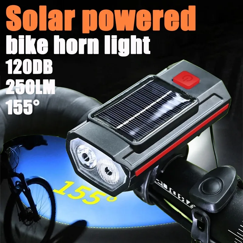 

Bicycle Headlight with Horn 120DB Horn Solar Charging Ultralight Bike Headlight MTB Road Bike Front Lamp Flashlight Bike Light