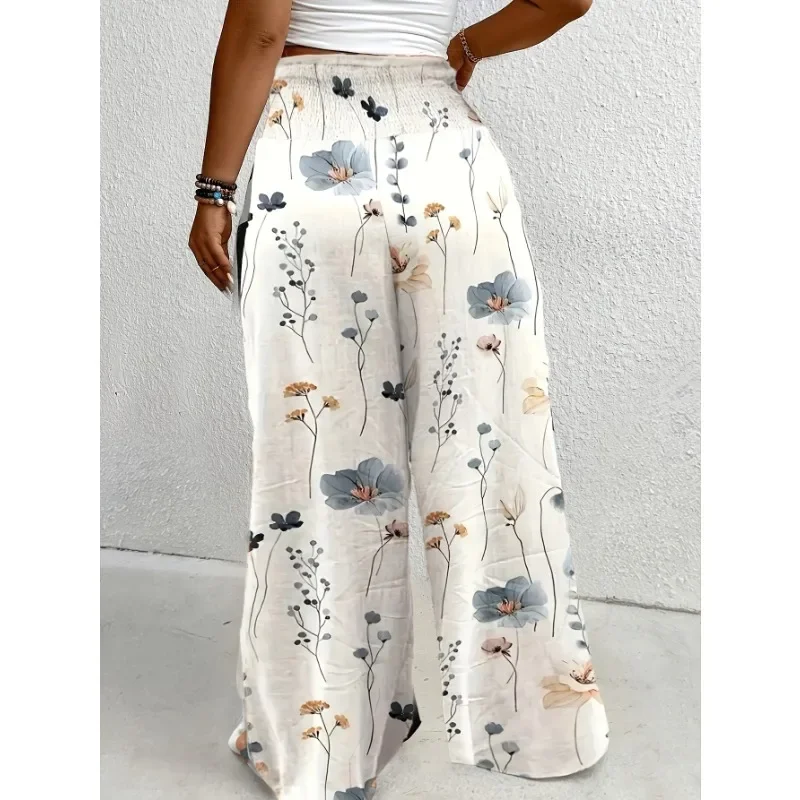 Plus maat 1XL-5XL dames zomer nieuwe modieuze bedrukte elastische taille wijde pijpen lange broek geschikt voor woon-werkverkeer