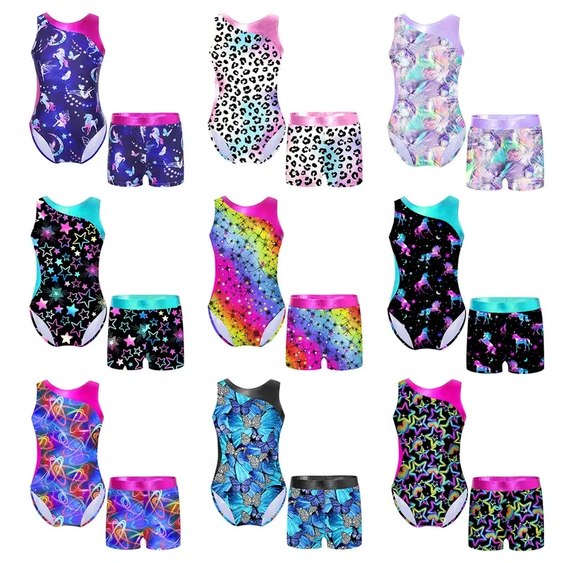 Kids Girls Ballet Sets Sleeveless Gymnastics Workout Outfits Long Sleeves Cartoon Leotard Bodysuit with Shorts Dance Costume