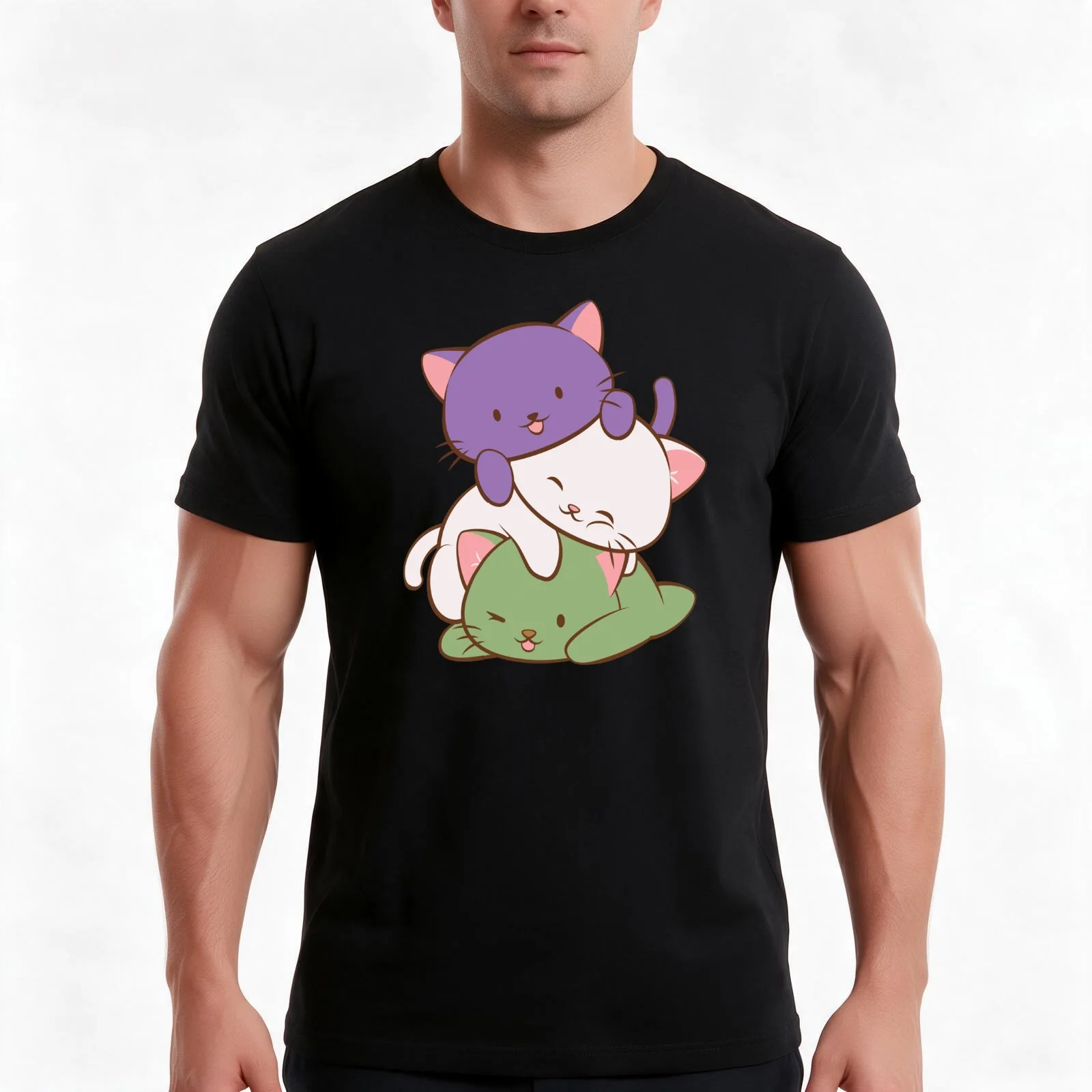 Genderqueer Pride Flag Kawaii Cats T-Shirt, Summer Casual Cotton Tee, Oversized Streetwear Tops, Vintage Graphic Print