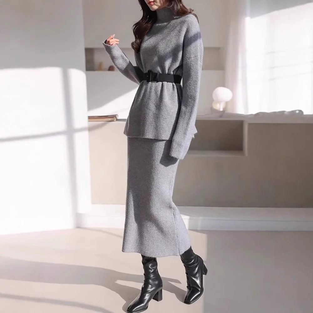 Autumn Winter Fashion Knit Skirt Korean Style Belted Midi Skirt Turtleneck Pullover Two Piece Skirt Cozy Elegant Sweater Skirts