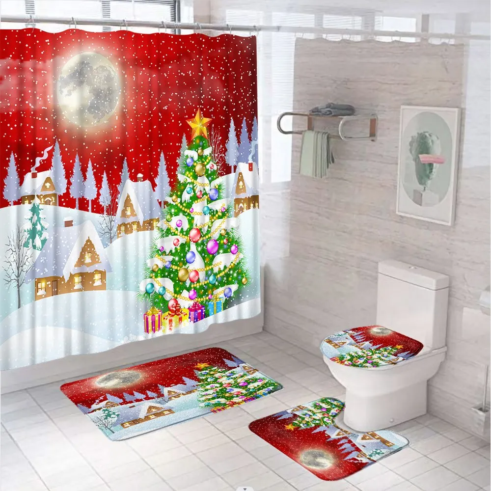 

Winter Snowy Forest Bathroom Set Shower Curtain Rug Bath Mat Toilet Cover Snowflake Christmas Xmas Rustic Farmhouse Bath Screen