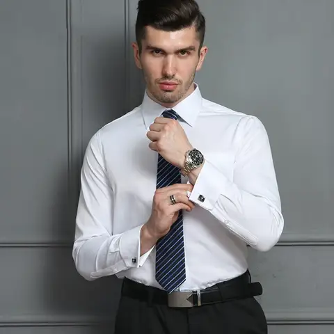 2025 hombres vestido con puños franceses camisa gemelos blanco nuevo manga larga botones casuales camisas de marca masculina ropa de ajuste Regular