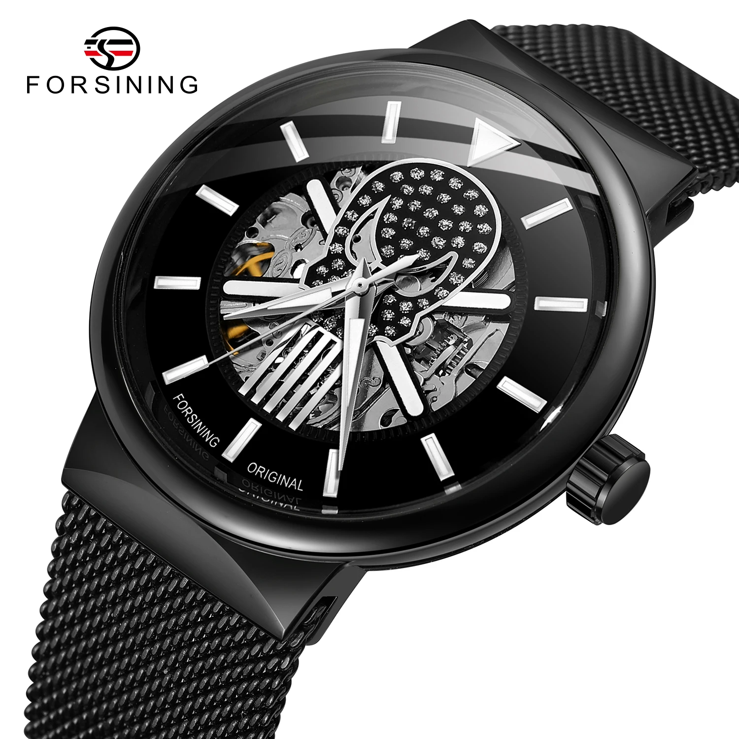 

Forsining Skull Mechanical Watches Engraved Movement Luminous Hands Mesh Stainless Steel Band Black Skeleton Automatic Men Watch