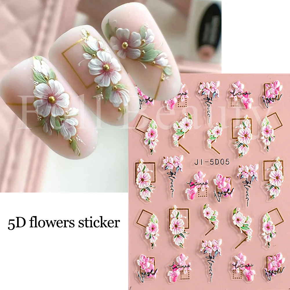 5D Flower Nail Stickers Pink Cherry Blossom Decor Acrylic Embossed Sliders Geometric Gold Sripe Lines Decals Manicure NLJI-5D05