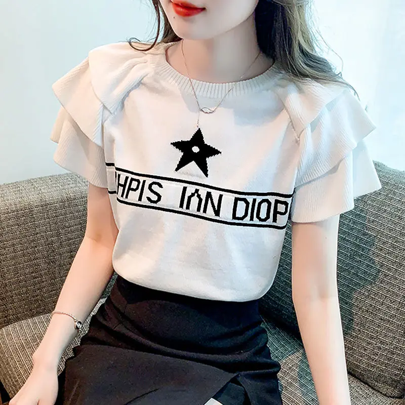 Sweet Embroidery Letter Butterfly Sleeve Blouses Female Clothing Spring Summer New Loose Knitted Korean Tops All-match Shirts