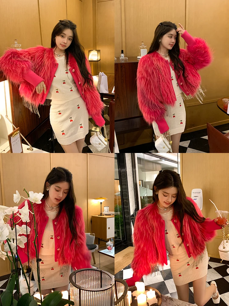 2025 nueva piel de zorro de imitación abrigo holgado mujer invierno joven tejido moda alta sociedad borla piel de mapache Chaqueta corta de cuero