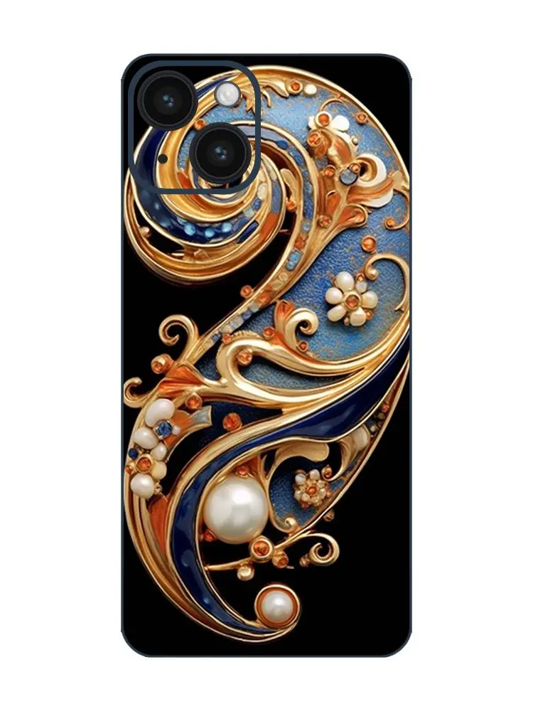 Exquisite Jewelry-Inspired Blue And Gold IPhone 14 Back ProtecTor Intricately Detailed Patterns And Spirals