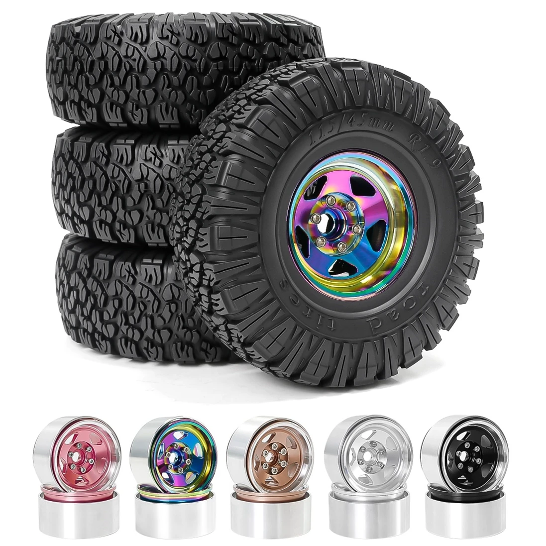 

4pcs 115mm 1.9" Metal Beadlock Wheel Rim Rubber Tire Set for 1/10 RC Crawler Car Traxxas TRX4 RC4WD D90 D110 Axial SCX10 MST