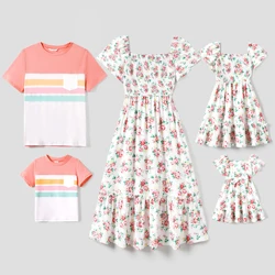 PatPat Family Matching Color Block Tee and Ditsy Floral Shirred Top Dress Sets