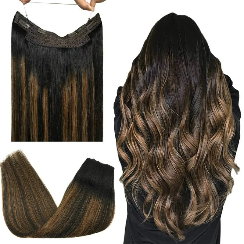 Clip in Hair Extension Real Human Hair Apply With Invisible Wire Natural Hair 5Clips 12-26Inch Fish Line Hair Extensions