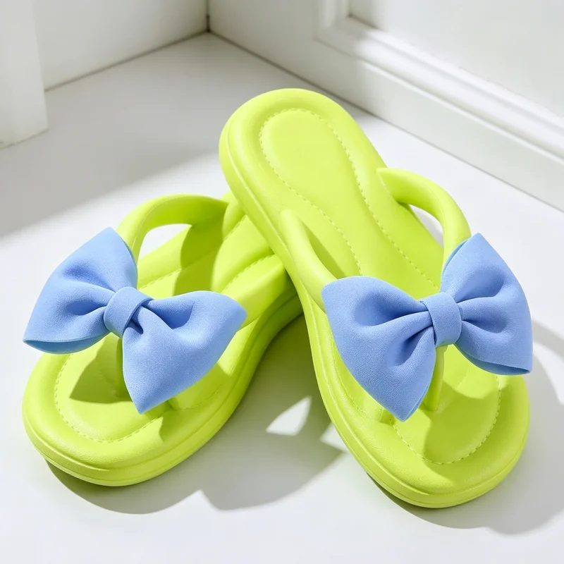 2026 Summer Women Cute Bow EVA Flip Flops Couples Solid Color Waterproof Non-Slip Sandals Adults Wear-Resistant Beach Slippers