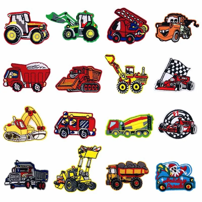 16Pcs/Set Cartoon Embroidery Patch Engineering Vehicles Car excavator Iron on Embroidered Child Jeans Clothes Applique