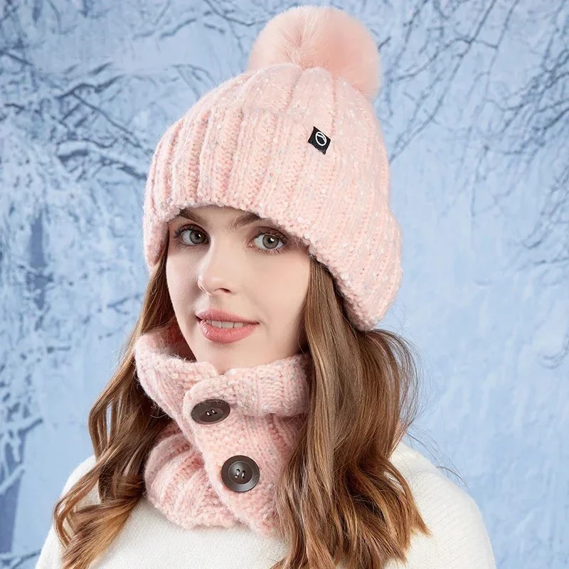 

2PCS Set Winter Knitted Hat Scarf Set Snood Collar Women Warm Scarf Thick Beanies Skullies Outdoor Riding Bonnet Windproof Cap