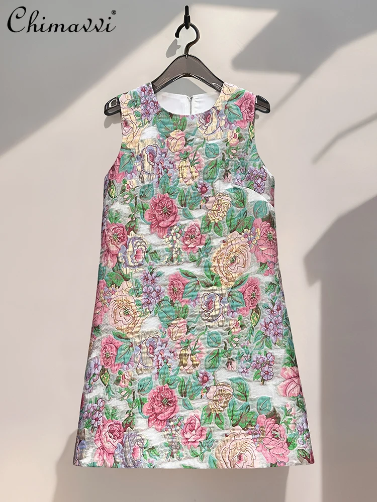 

Summer New High-end Fashion Jacquard Relief Bronzing Printing Short Dress Heavy Beads Temperament Women's Luxury Vest Dress