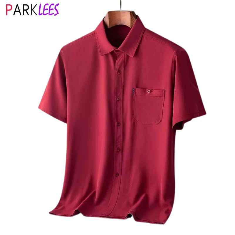 

Mens Summer Ice Silk Like Dress Shirts Short Sleeve Casual Button Down Shirt for Men Breathable Cozy Chemise Homme Camisa 4XL