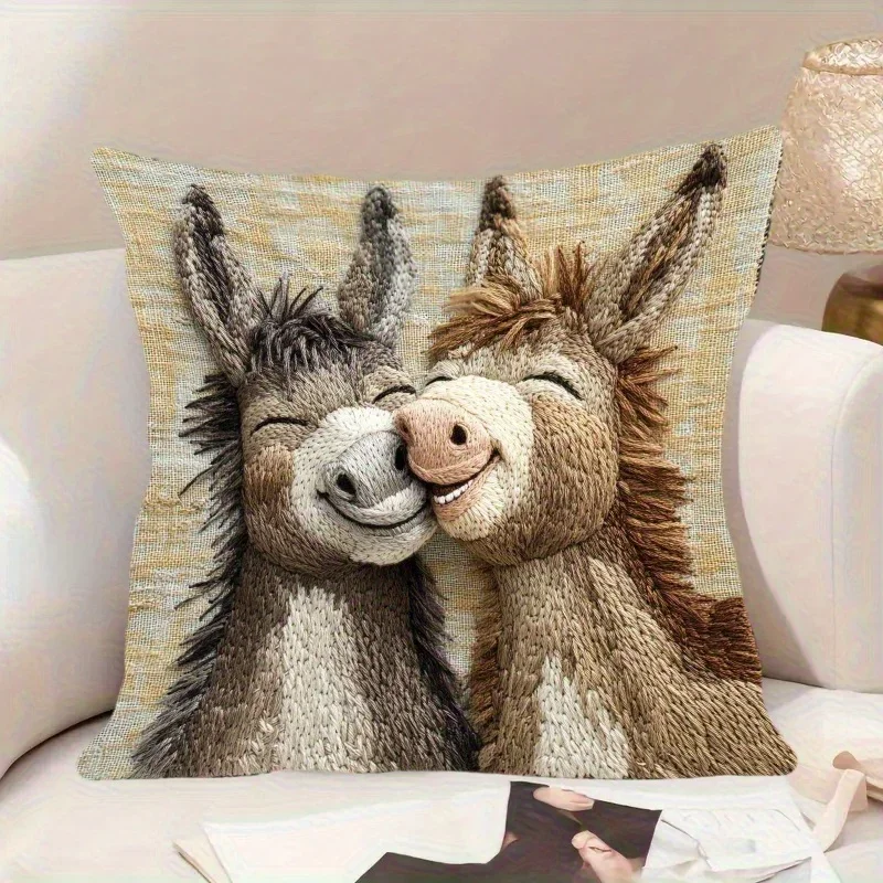 VIKAMA Plush Donkey Pillowcase - Cute Cartoon Donkey Design, Soft Beige Background, Home Decoration