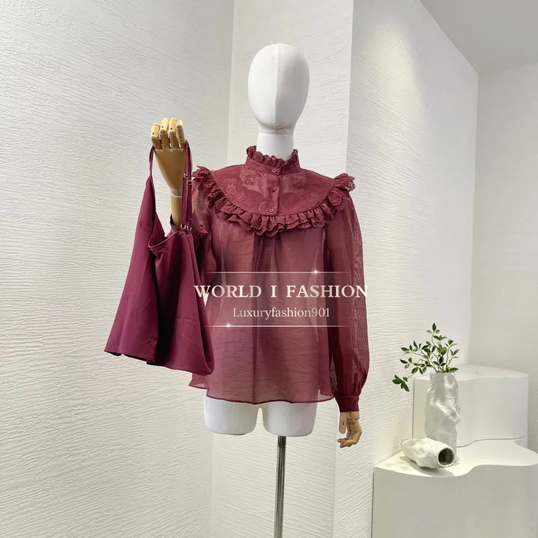 

Бордово-красная блузка с длинными рукавами и вышитыми деревянными ушками, шелковые топы 2025, высокое качество