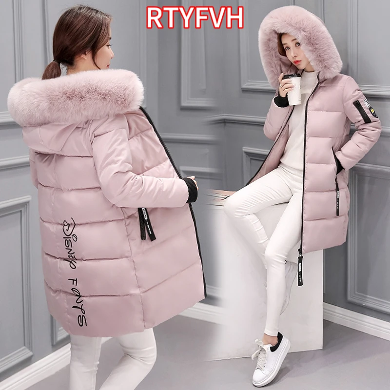 2024 Winter jacke Frauen Parka großen Pelz kragen Kapuze dicken warmen langen weiblichen Mantel lässig Outwear Daunen Baumwoll jacke Parkas