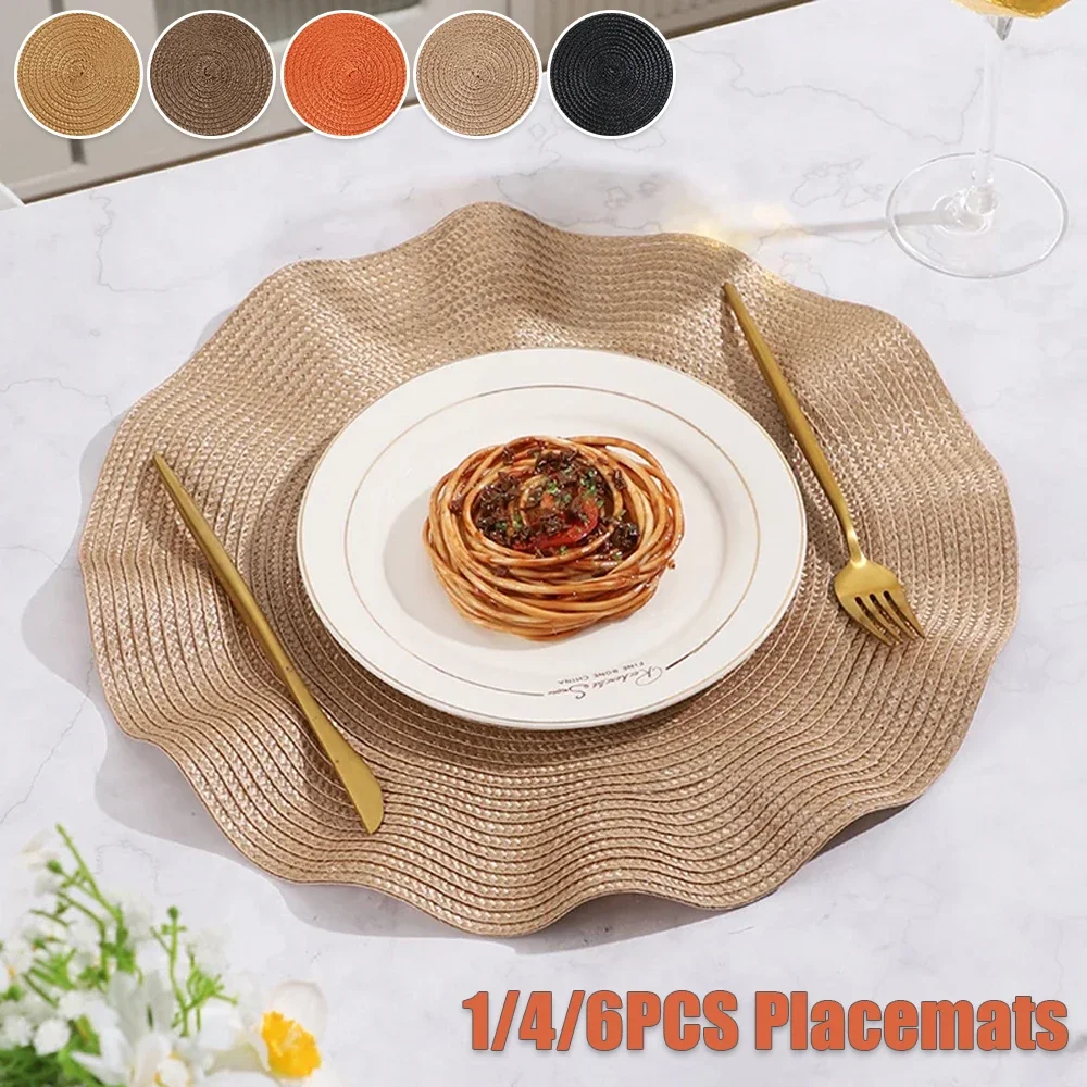 

1/4/6PCS Wavy Round Placemats Washable Heat-resistant Table Mats for Dining Tables Kitchen 15inch Tableware Bowl Pads Navidad