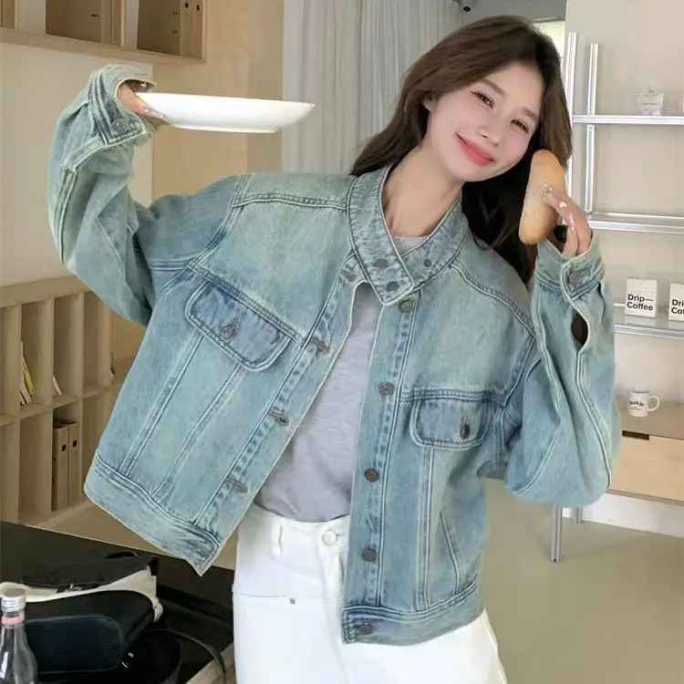 

Casual Round Neck Women's Coat Spring All Match Plus Size Denim Jacket Loose Solid Color Pocket Design Commuting Tops
