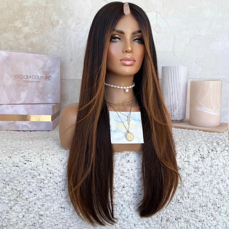 Straight Ombre Orange Brown 1x4 Opening U Part Human Hair Wigs Black Roots Middle/Left/Right U Shaped V Part Wigs for Women