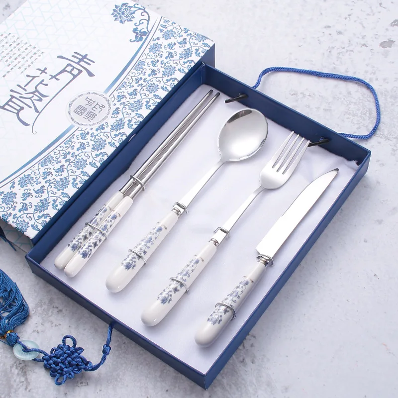 Ceramics Tableware Set Stainless Steel Porcelain Handle Cutlery Knife Fork Spoon Chopsticks Dinnerware Gift Ceramics Cutlery Set