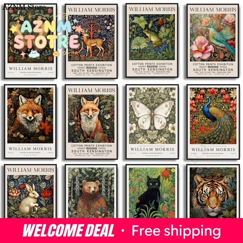William Morris Museum Exhibition Poster Fox Hummingbird Owl Rabbit Butterfly Peacock Canvas Painting Print Wall Decor Home De