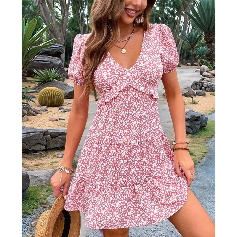 【SEE】Womens Cute Floral V Neck Puff Sleeve Sundress Casual Summer Dresses For Women 2025