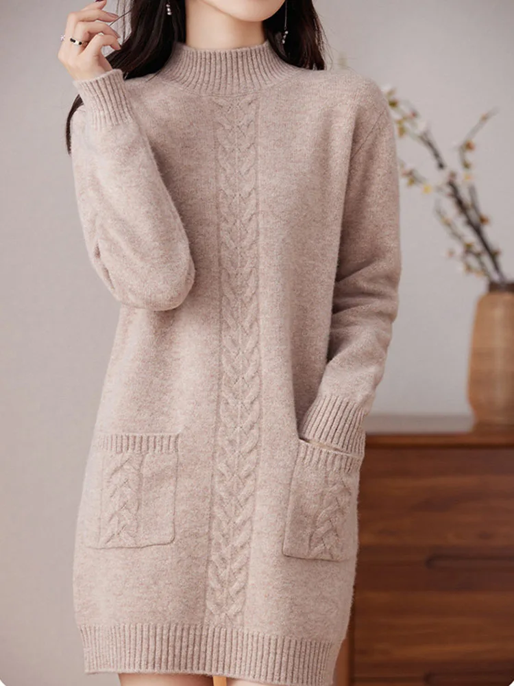 Suéter holgado grueso medio largo para mujer, Jersey de punto con cuello medio alto a la moda coreana, suéter de punto informal con parte baja holgada