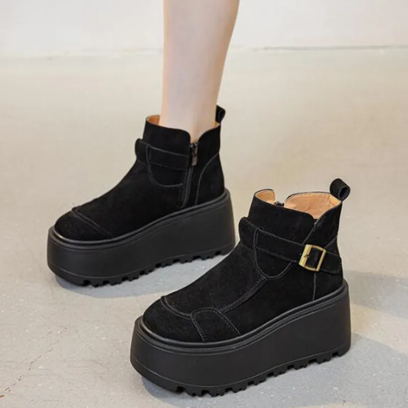 

8CM Luxury Suede Genuine Leather Fashion Women Ankle Booties Spring Shoes Chimney Platform Wedge Winter Warm Plush Autumn Boots