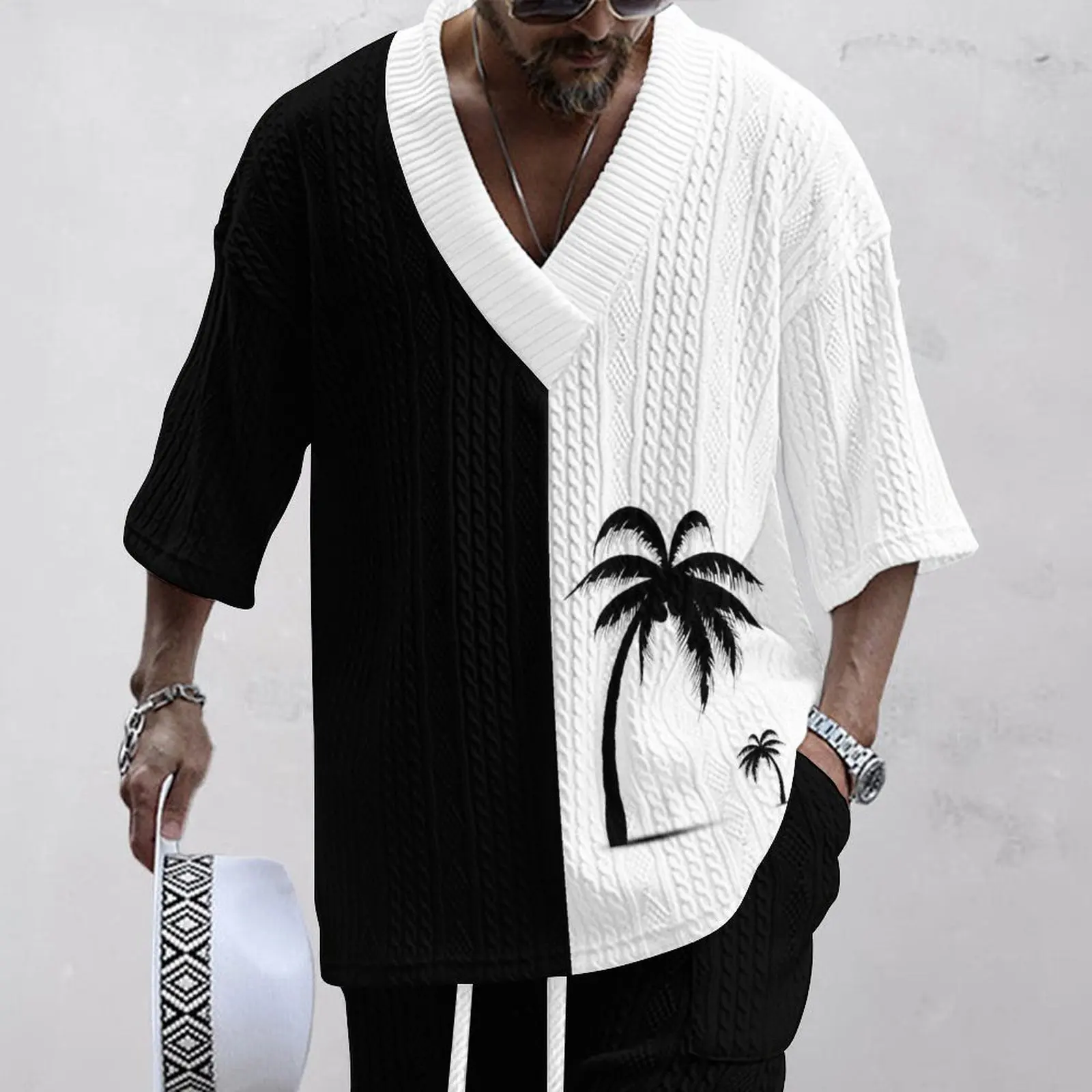 2024 New Man Summer 3d Print Clothing Men\'s Set Casual V Neck Knit Cotton None Men\'s Sets Men Men Flash Sale Sale Cheap Price