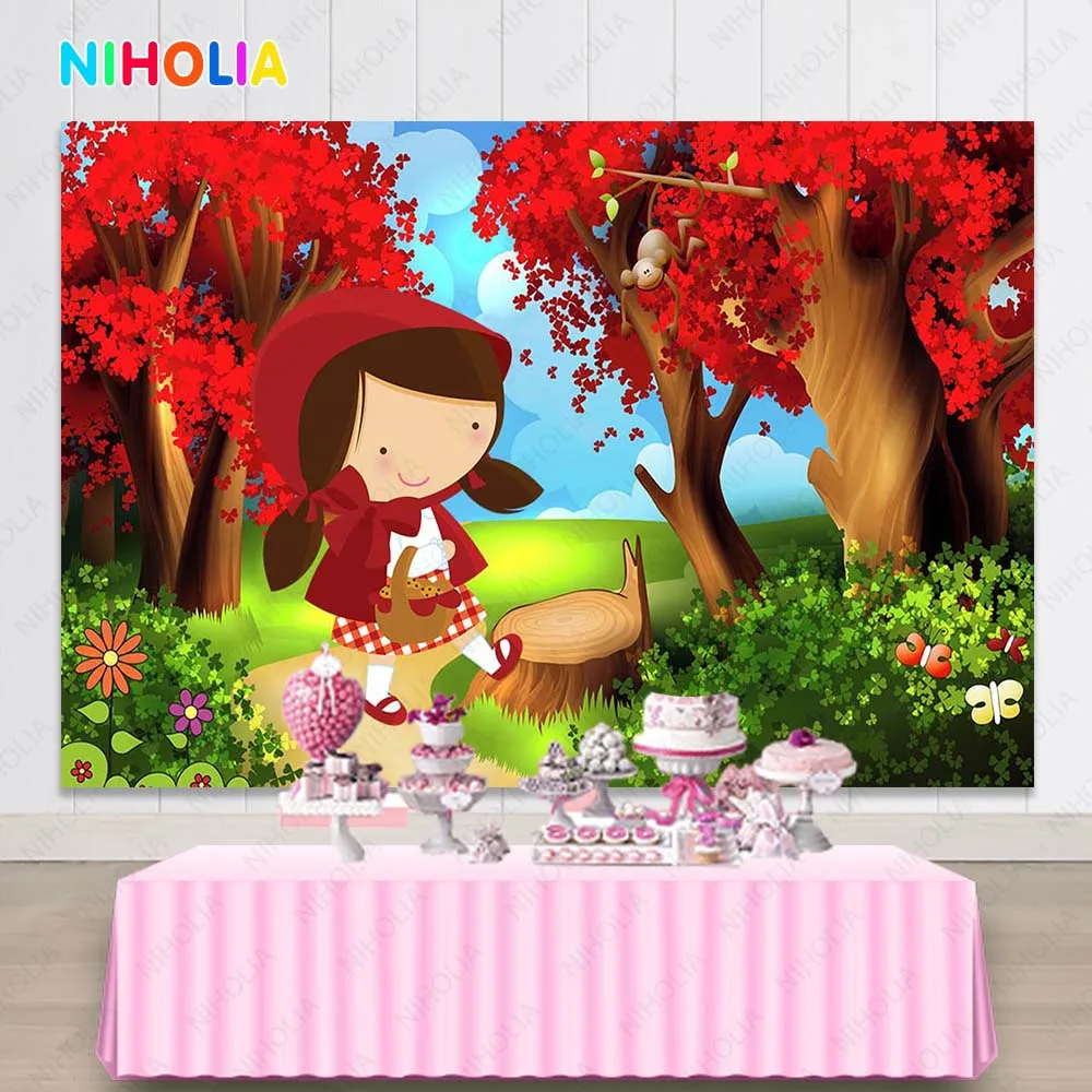 NIHOLIA Little Red Riding Hood Photography Backdrop Birthday Party Background Forest Vinyl Polyester Photo Studio Props