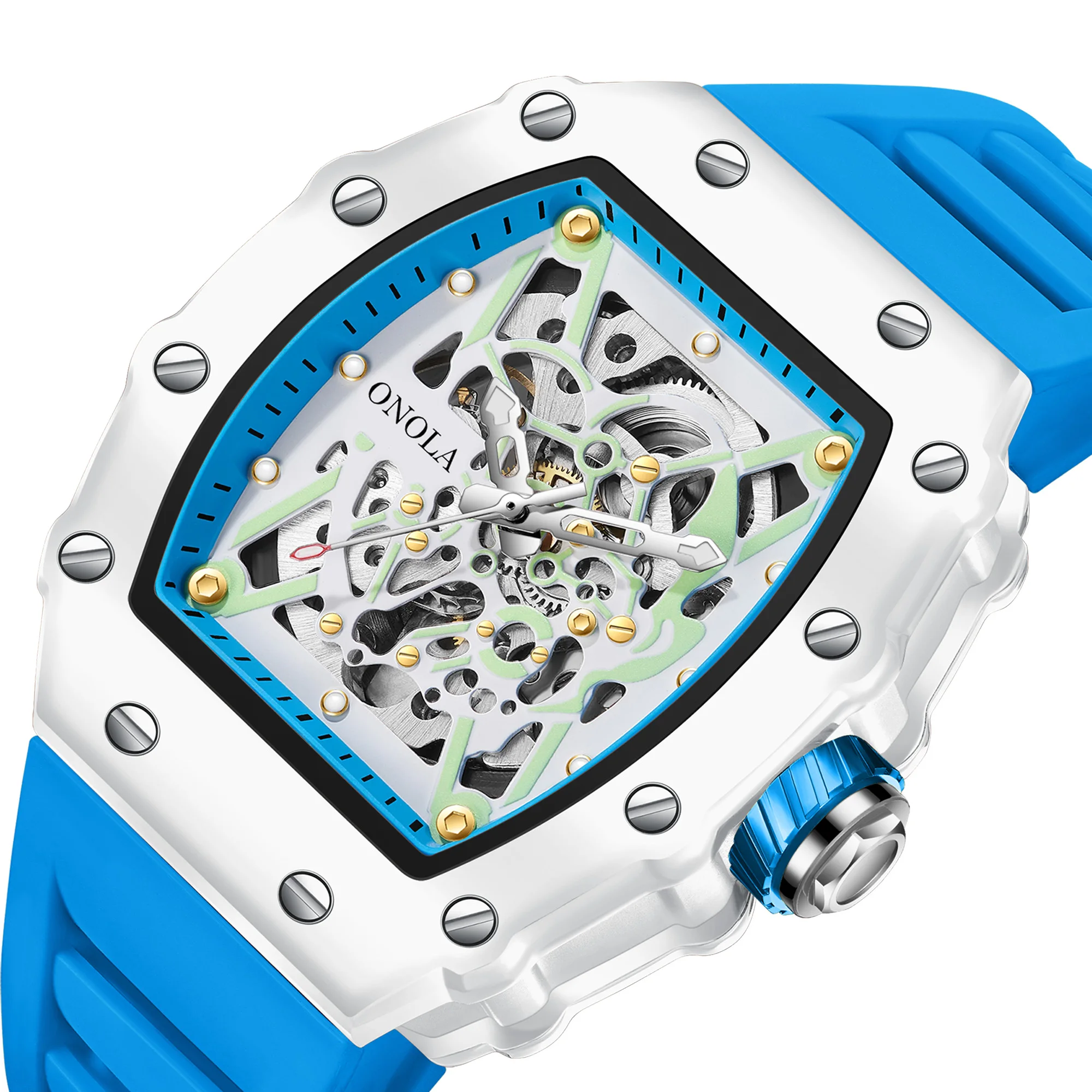 Moda onola relógios masculinos automáticos luminosos mecânicos reloj tonneau mille azul pulseira de silicone à prova dwaterproof água homem relógios de pulso 2024