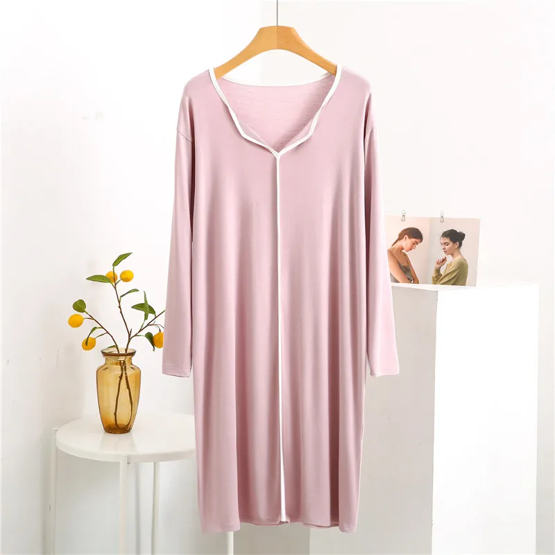 Plus Size Nightgowns Women Modal V-Neck Long-Sleeved Nightdress Spring Summer Loose Fashion Matching Color Home Dress M-3XL