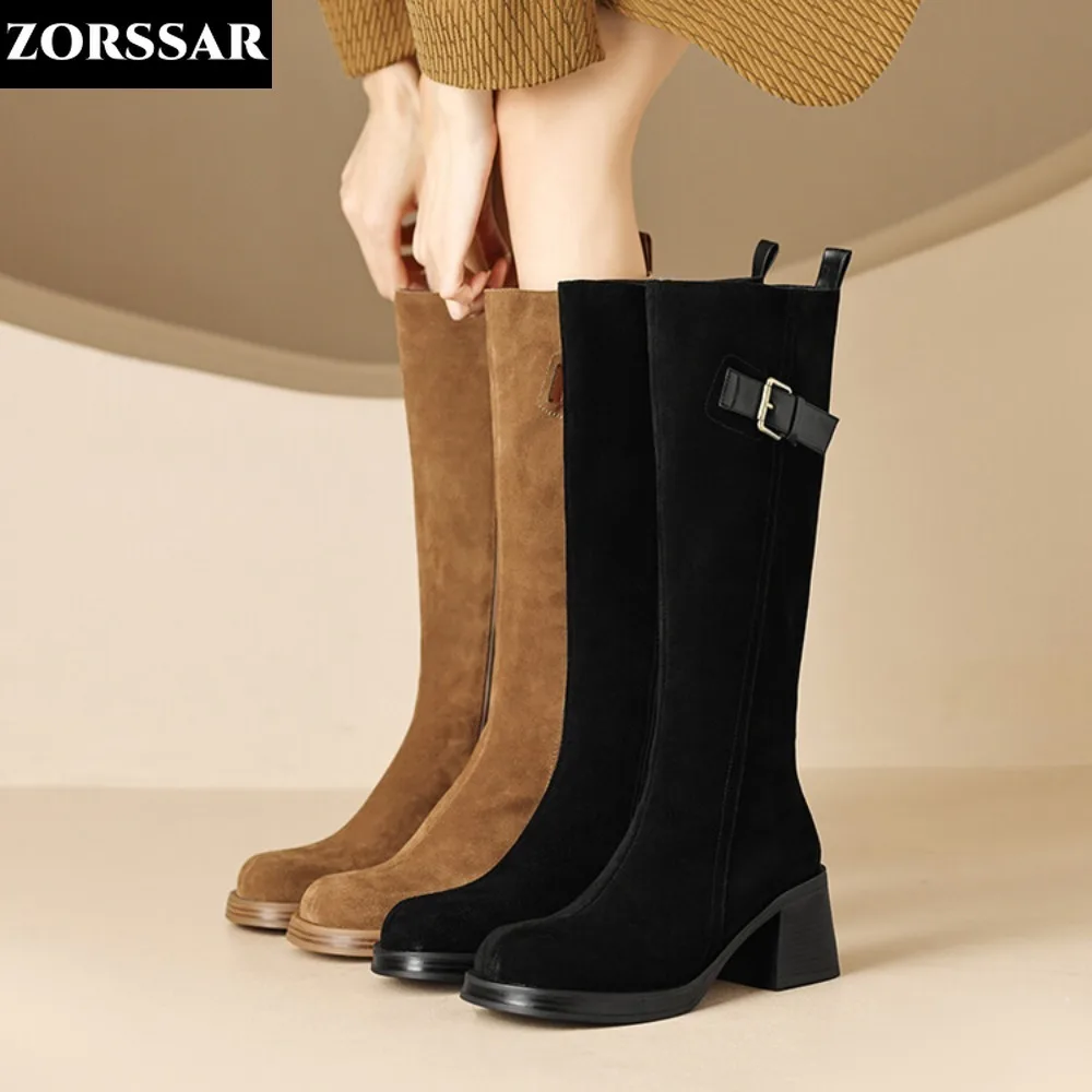 

Cow Suede Snow Boots Women Knee High Autumn Winter Fashion Waterproof NightClub Dance Party Woman Thigh High Boots Chunky Heels