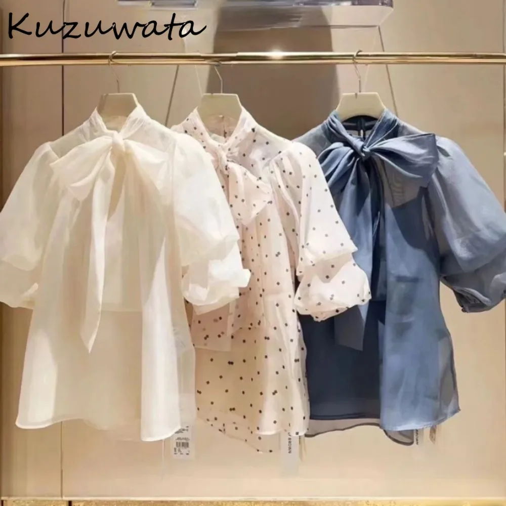 Kuzuwata Sweet Stand Collar Puff Sleeve Elegant Crop Top Lace Up Bow Casual Chiffon Shirt Japan New Moda Polka Dot Fresh Blouses