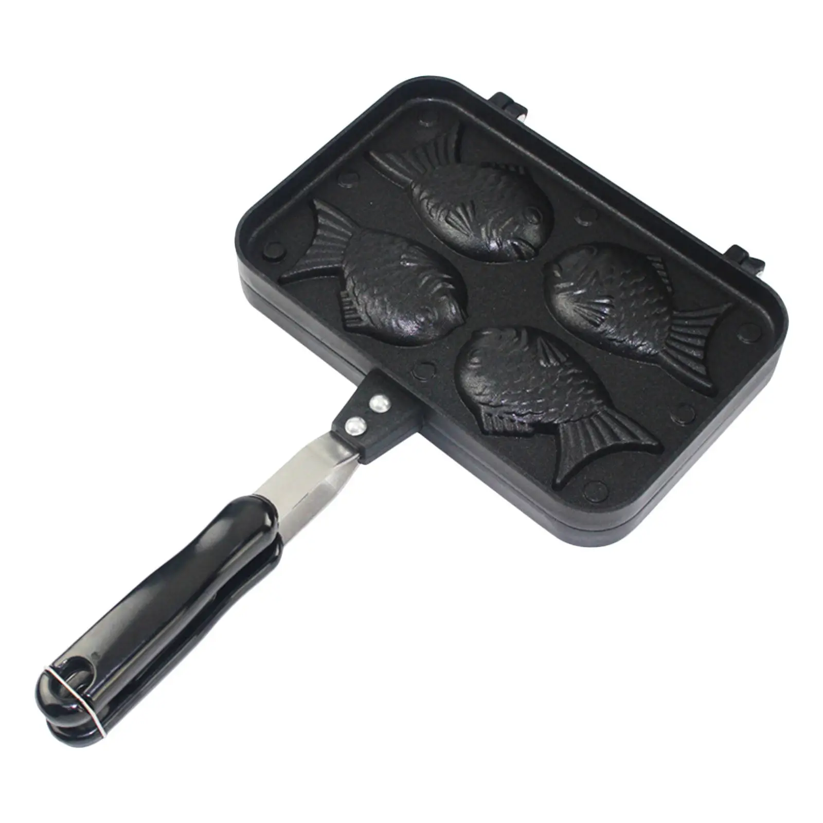 Fish Shaped Waffle Pan with Long Handle Non Stick Aluminum Cooking Mold for Pancakes Custard Red Bean Chocolate Desserts