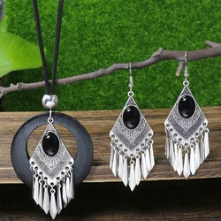 Retro Silver Color Geometric Tassel Jewelry Set Women's Ethnic Black Stone Round Wood Chip Double Layer Pendant Necklace Earring