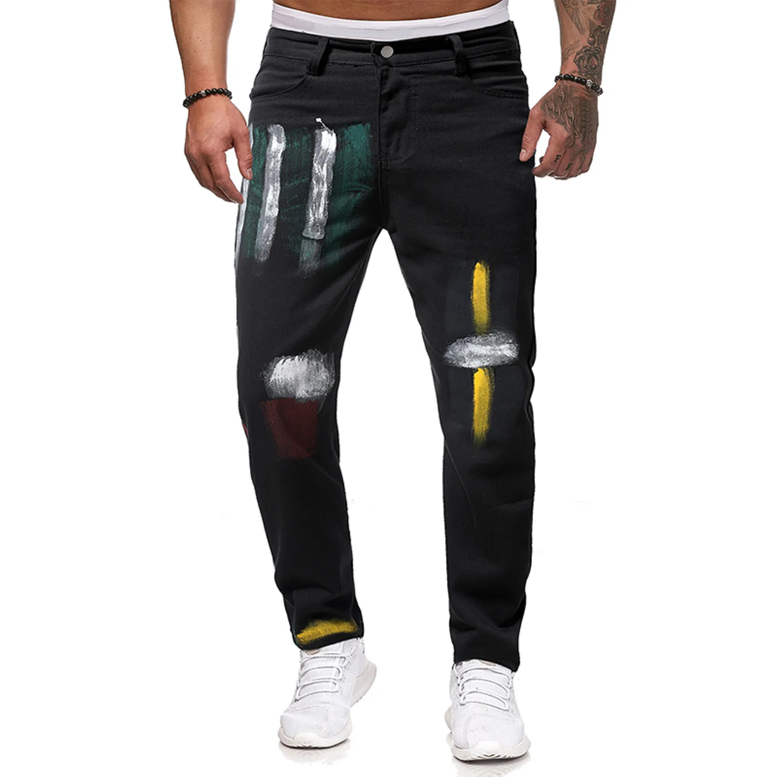 Mens Fashion Casual Black Straight Hole Buckle Zipper Denim Long Pants Trousers Pants 1 Year