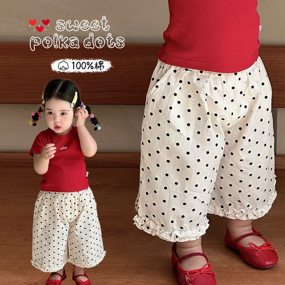 

2026 New Girls Summer Capri Pants Thin Polka Dot Ruffle Trim Cute Casual Soft Breathable Toddler Kids Outdoor Daily Wear 1-4Y