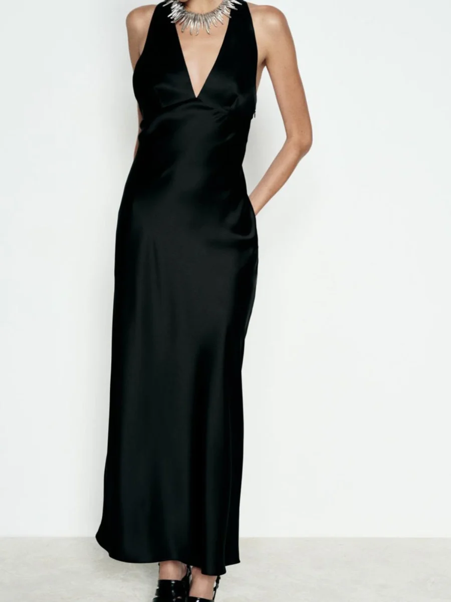 Nuevo Vestido Largo de Satén de Seda para Mujer, Estilo Veraniego, sin Espalda, sin Tirantes, sin Mangas, E, para el T...