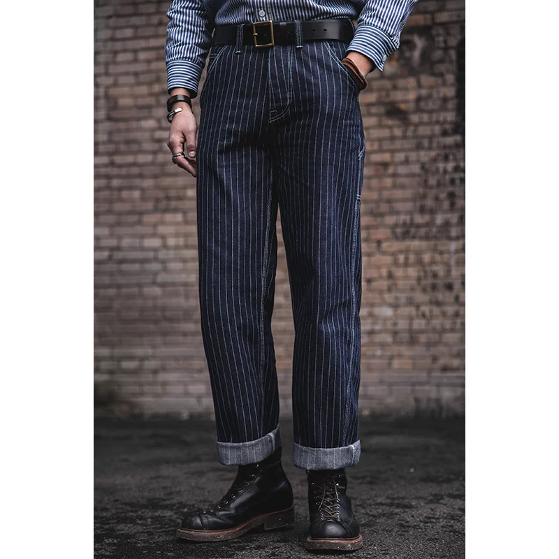 Firmranch Men/Women American Vintage 90s Hommes Jeans For Men Striped Denim Jeans Amekaji Suspenders American Overalls Pants