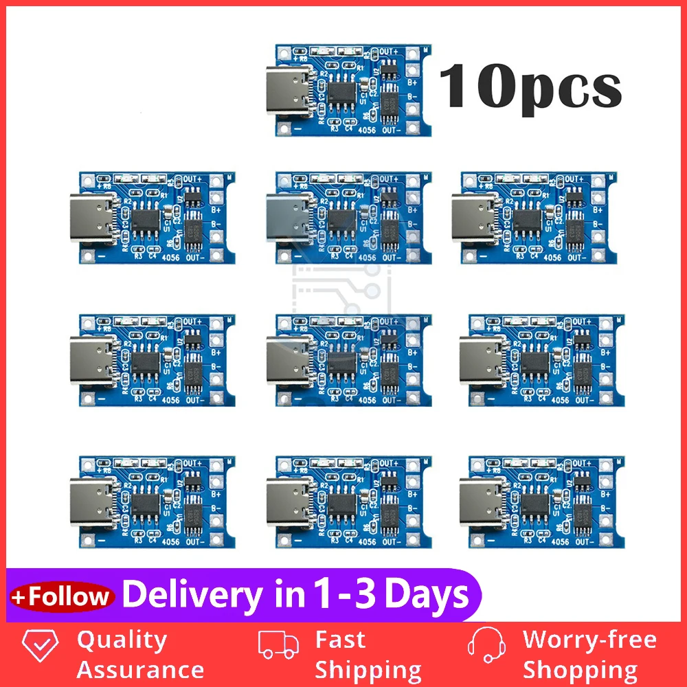 Lithium Battery Charger Module, Tipo C, USB, 5V, 1A, placa de carregamento com funções de proteção, PCB para Arduino DIY, TC4056A, 10Pcs
