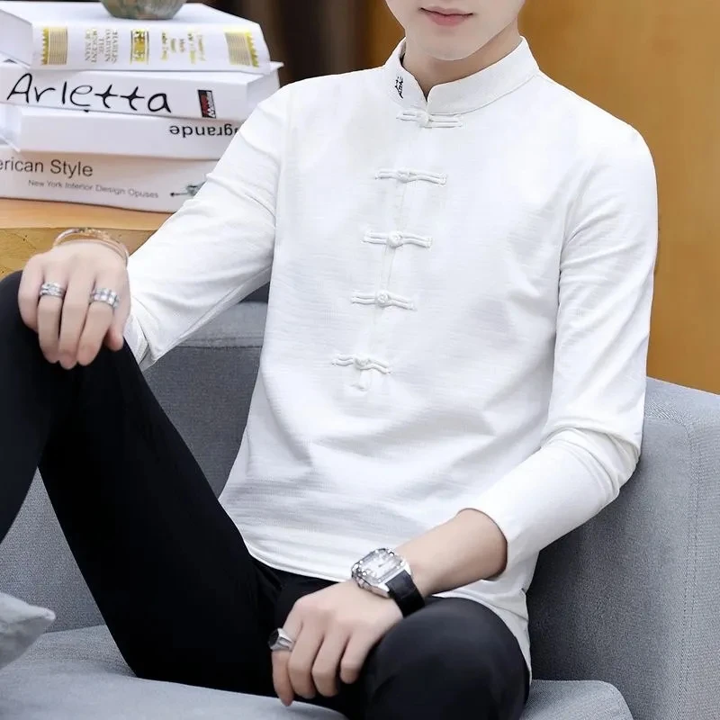 

Tang Suit Men Cotton Hemp T-Shirt Chinese Style Disc Buckle Stand Collar Zhongshan Suit Vintage Long-Sleeve Top Casual Camisetas