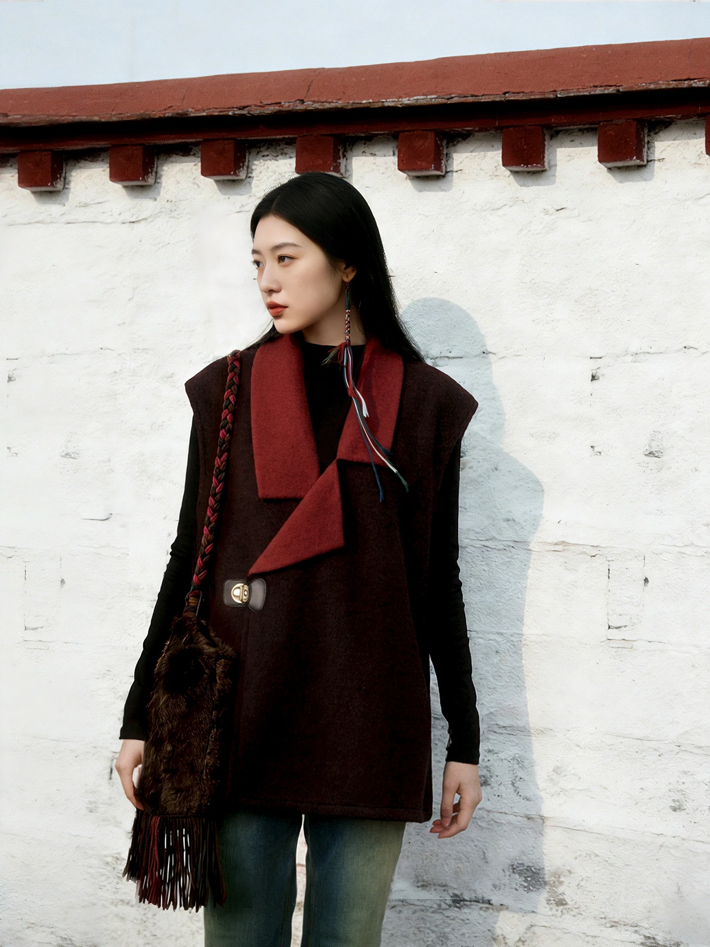 

Женский жилет с воротником Red Letter Love Letter from Tibet, зимняя модная верхняя одежда в восточном стиле, кардиган средней длины