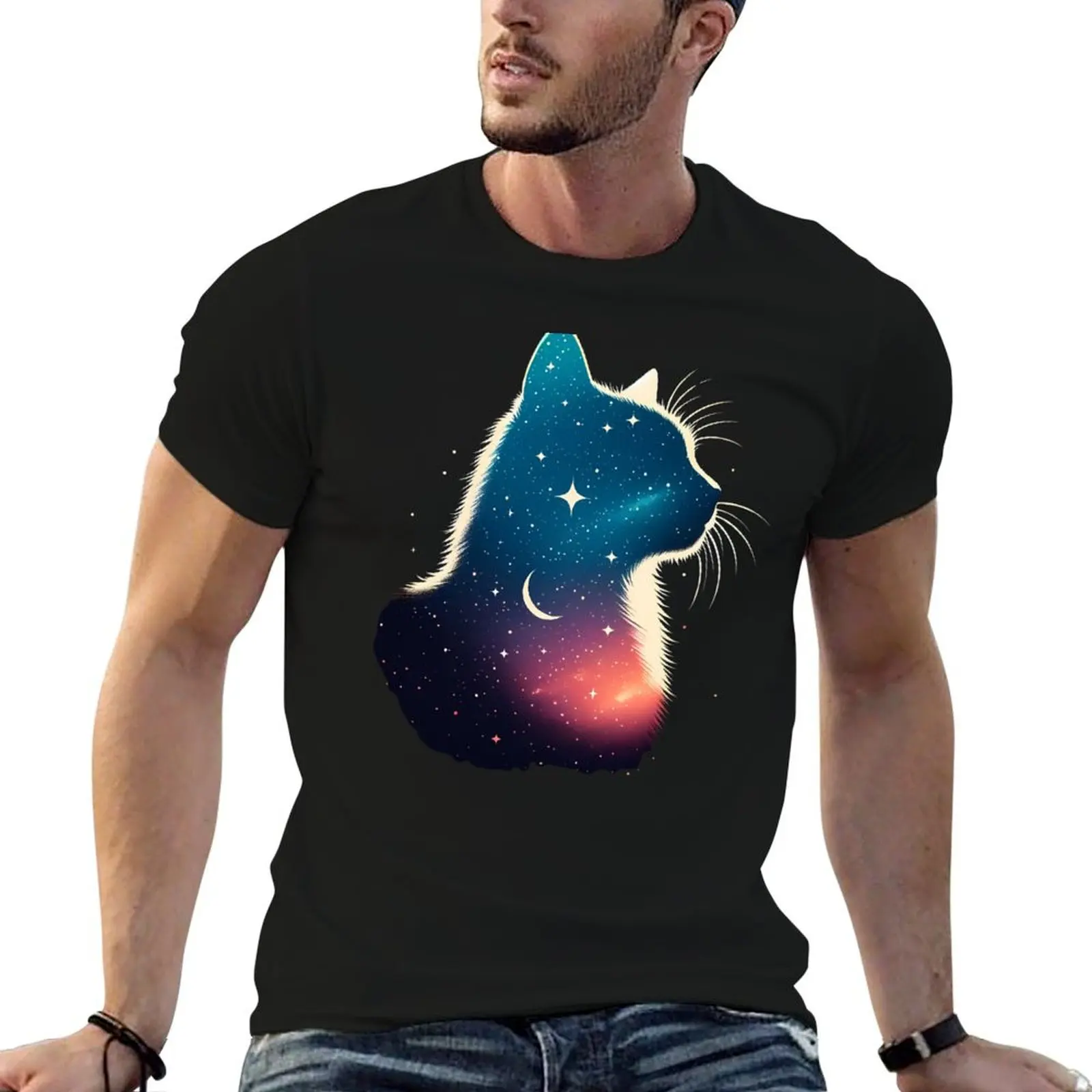 

t man Cat T-Shirt with cotton t Design Lover prints shirts Galaxy shirt Cosmic Celestial Feline Space Silhouette