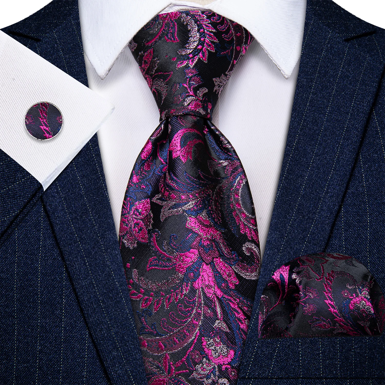Romantic Floral Tie Set 3Pcs Mens Tie Hanky Cufflinks for Wedding Ceremony Business Banquet Office Interview Prom Formal Party