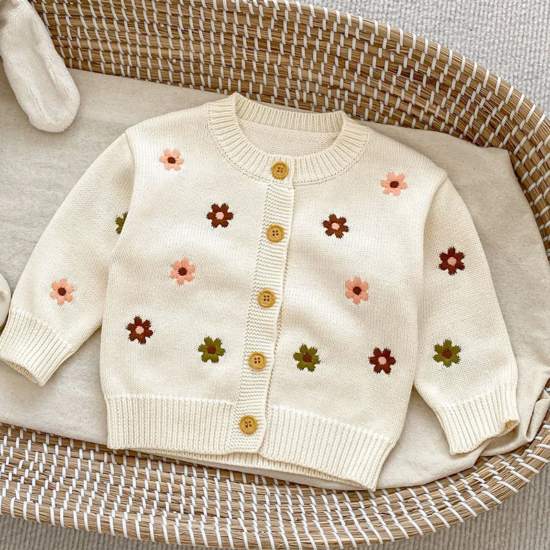 Autumn Spring Toddler Baby Girl Clothes Suit Long Sleeved Knitted Flower Embroidered Cardigan Rompers Children Clothes Set