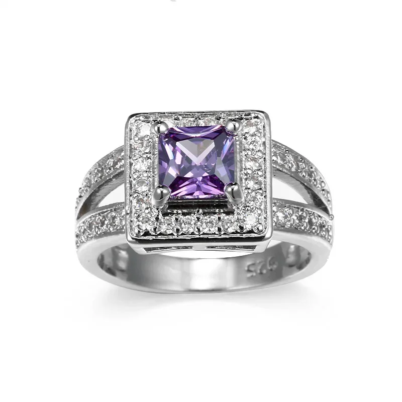 

Модное ювелирное кольцо из серебра 925 пробы с фианитом 0.5 карата и натуральным фиолетовым камнем для женщин, обручальное кольцо